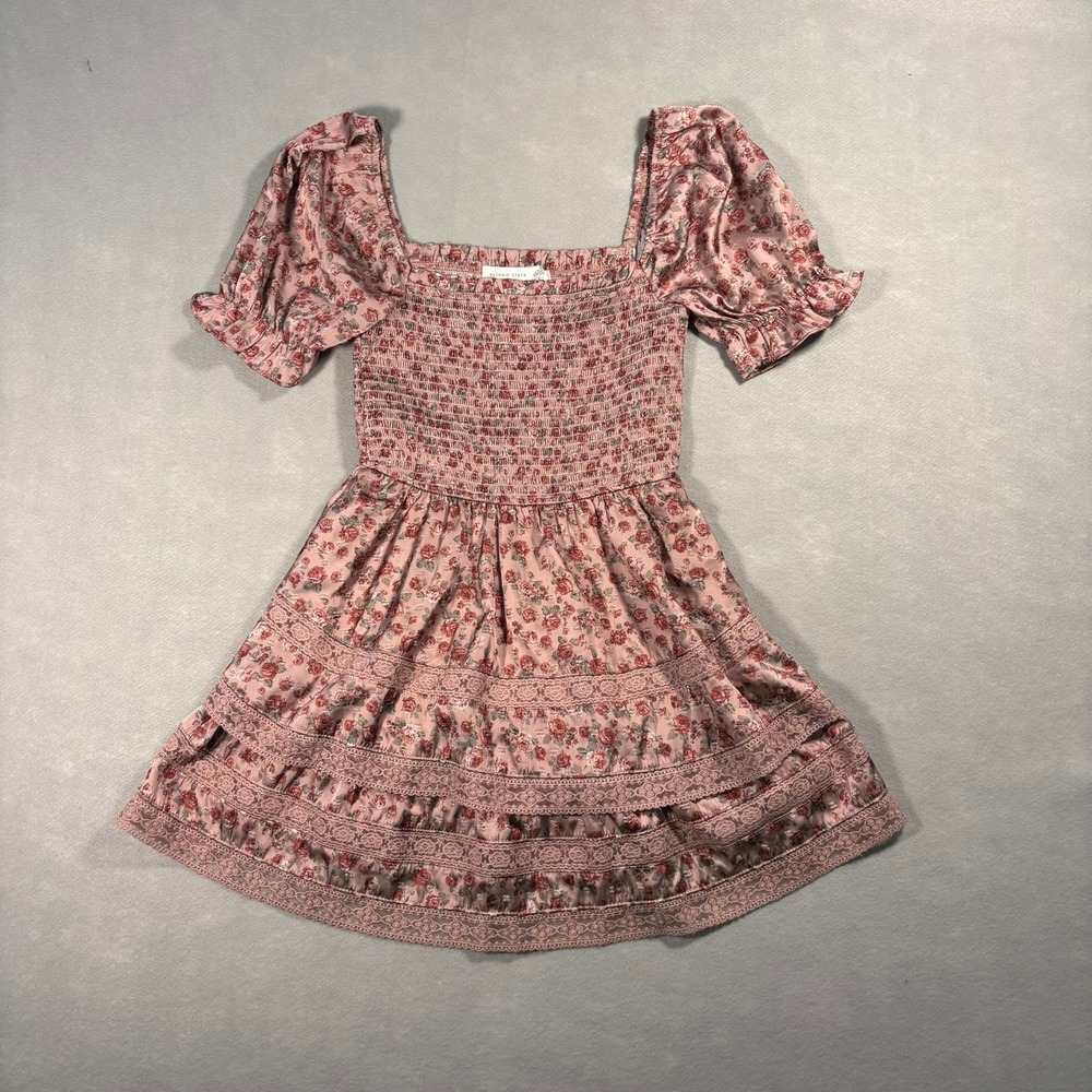 Altar'd‎ State Kiera Pink Floral Mini Dress XXS Smocked Puff Sleeve Cottagecore